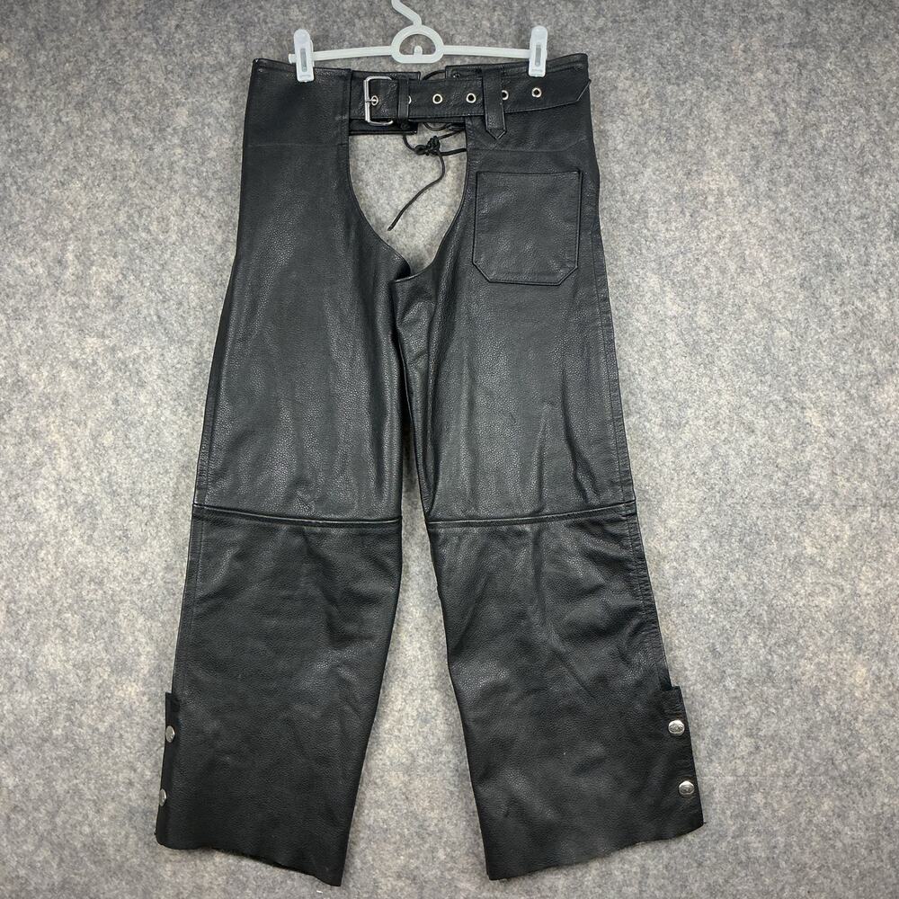 Z1R Men’s Leather Motorcycle Chaps Black Size Small Zipper Snap Unhemmed 898